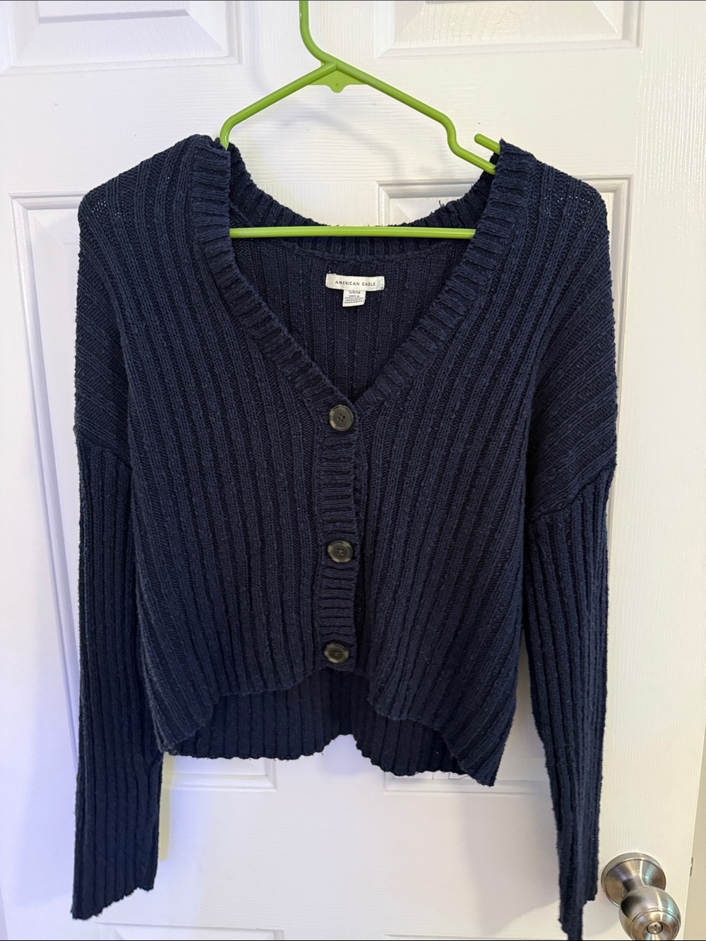 American Eagle Outfitters Navy Ribbed V-Neck Button-Up Cardigan